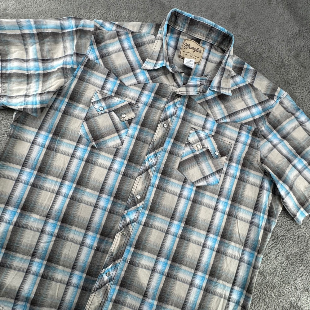 Wrangler Western Snap Shirt Mens XXL Blue Grey Plaid Short Sleeve Excellent Yoke